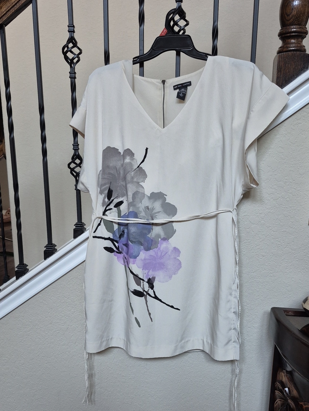 New York & Company Cream Tunic with Purple and Gray Floral Print